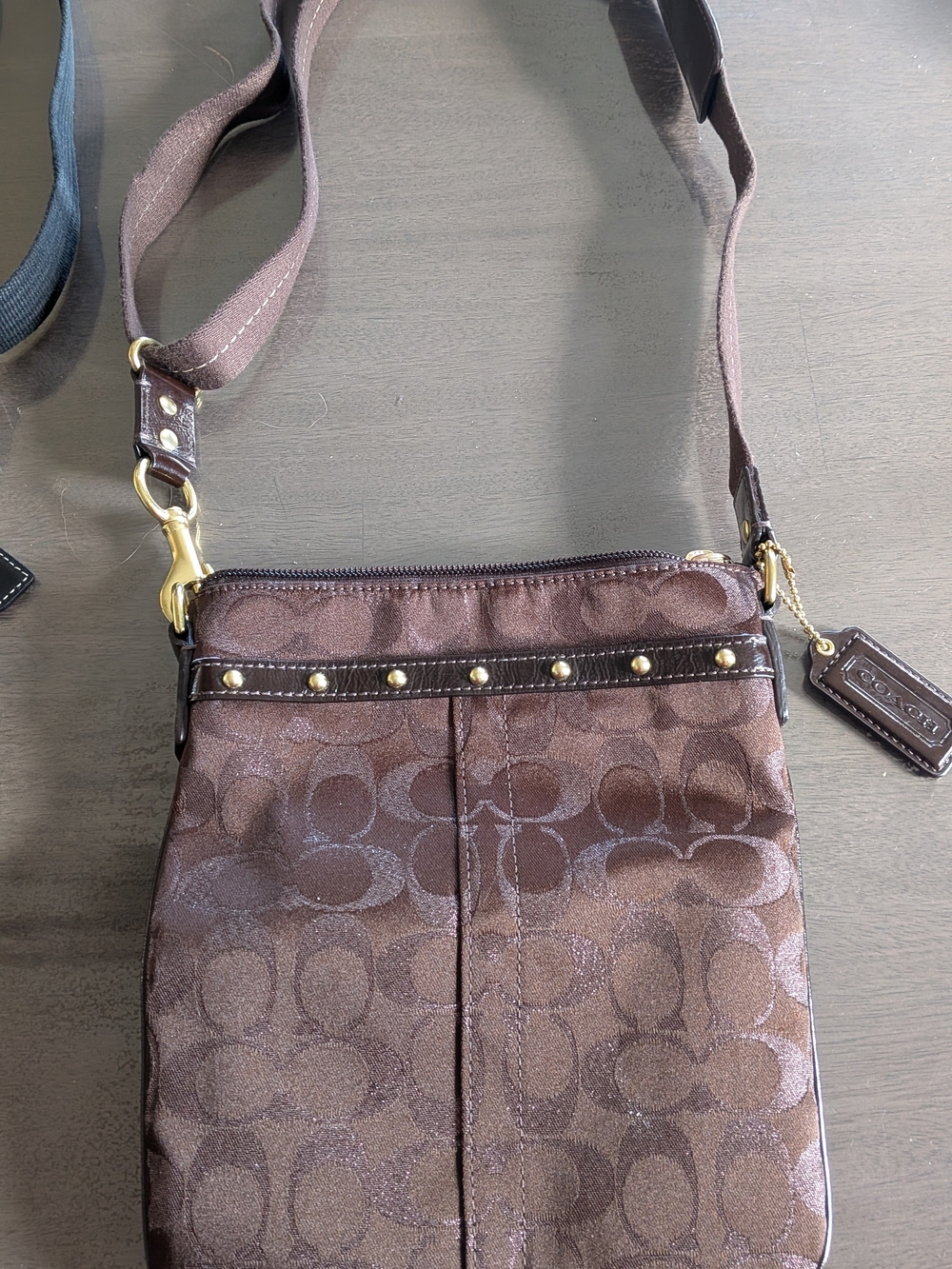 Coach Brown Signature Monogram Crossbody with Gold-Tone Studs
